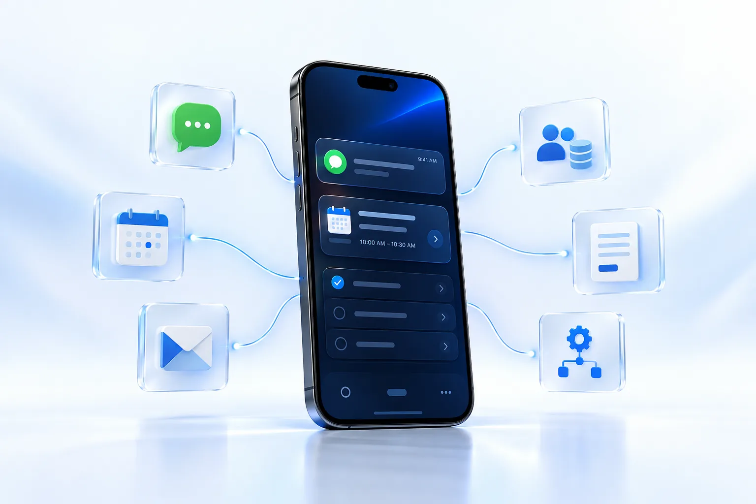 Teléfono con conexiones hacia mensajería, calendario, contactos, formularios y automatización